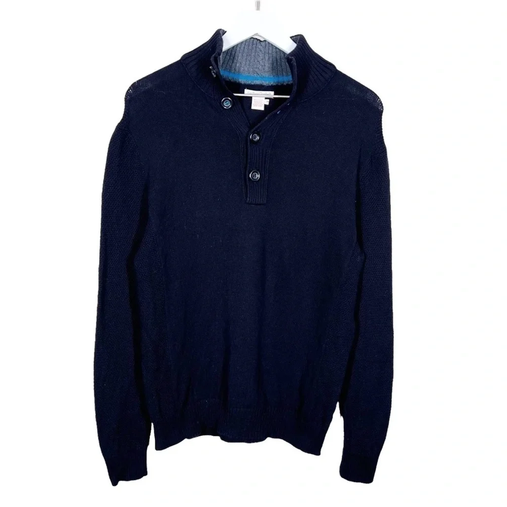 Carbon2cobalt Black Cotton Button Collared Long Sleeve Sweater Mens Size Medium